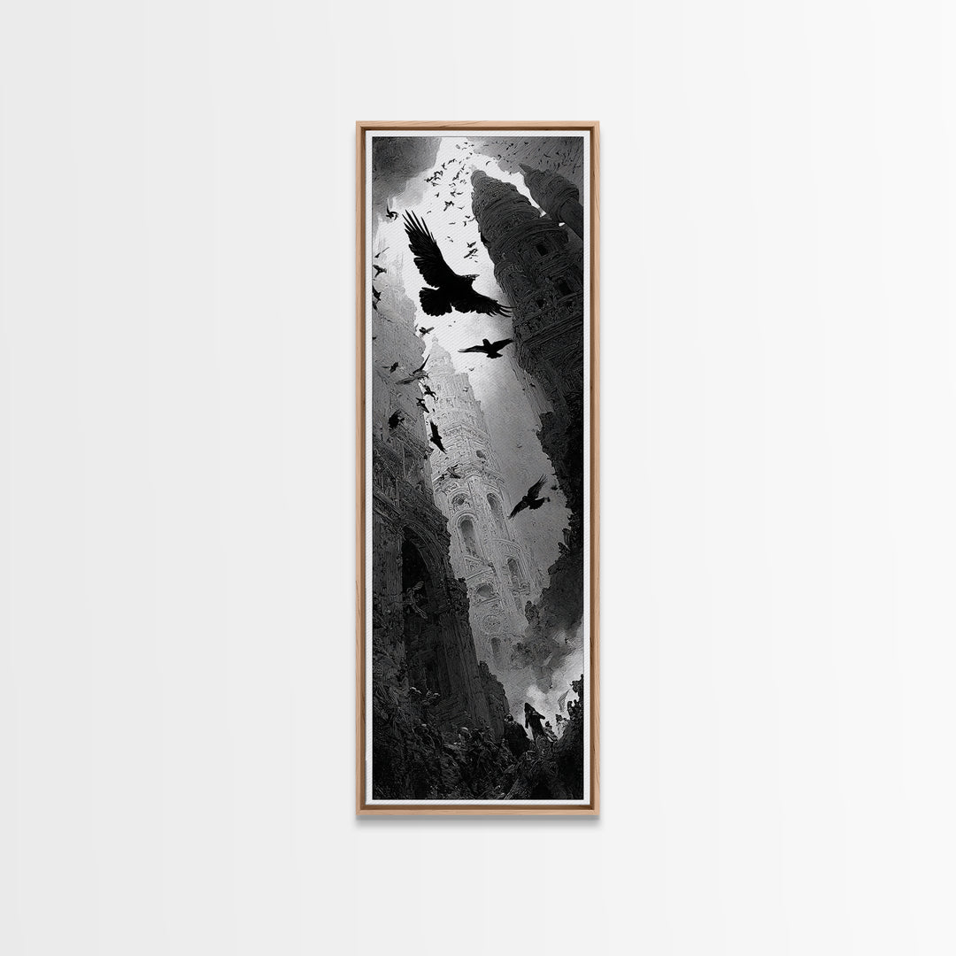 Ravens And Ruins, Gothic Engraving Art, Tall Narrow Wall Art, Macabre Wall Art, Canvas Print, Halloween Wall Art, Seasonal Home Decor