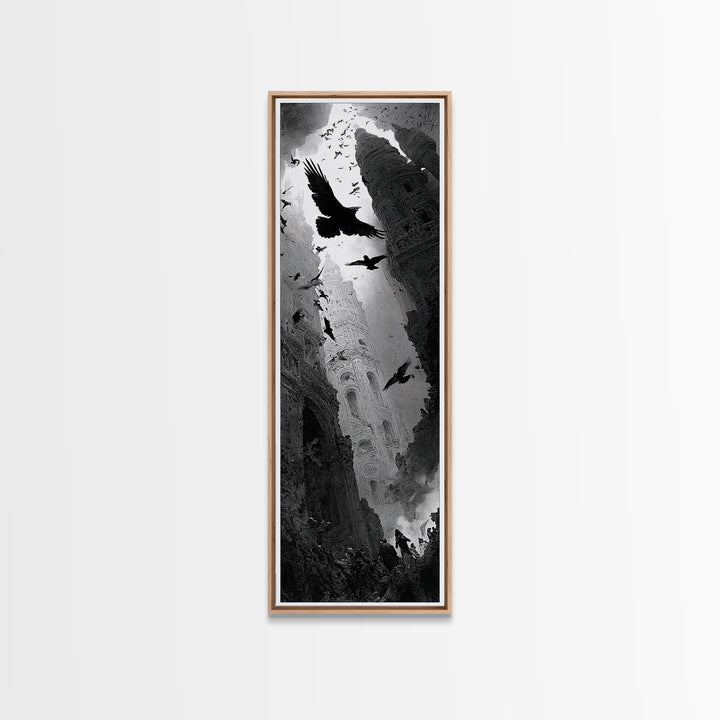 Ravens And Ruins, Gothic Engraving Art, Tall Narrow Wall Art, Macabre Wall Art, Canvas Print, Halloween Wall Art, Seasonal Home Decor