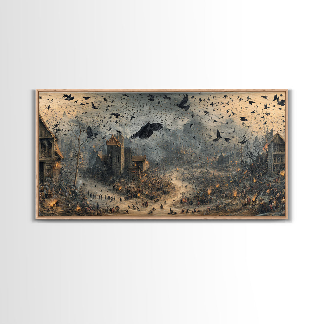 Ravens And Ruins, Northern Renaissance Horror, Wide Panoramic Art, Dark Halloween Decor, Framed Canvas Print, Halloween Wall Art