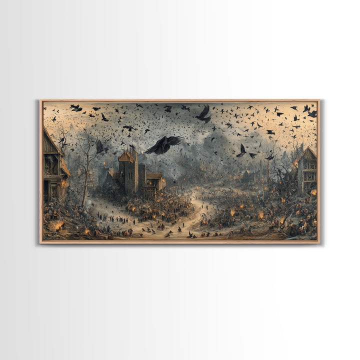 Ravens And Ruins, Northern Renaissance Horror, Wide Panoramic Art, Dark Halloween Decor, Framed Canvas Print, Halloween Wall Art