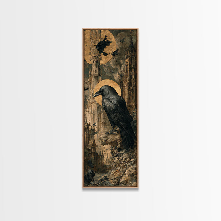 Ravens And Ruins, Dark Renaissance Art, Tall Narrow Wall Art, Gothic Horror Wall Art, Framed Canvas Print, Halloween Wall Art