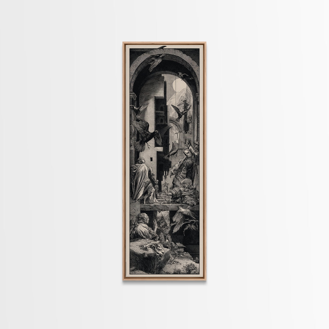 Ravens And Ruins, Renaissance Engraving Art, Tall Narrow Wall Art, Gothic Horror Wall Art, Framed Canvas Print, Halloween Wall Art
