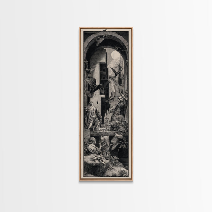 Ravens And Ruins, Renaissance Engraving Art, Tall Narrow Wall Art, Gothic Horror Wall Art, Framed Canvas Print, Halloween Wall Art