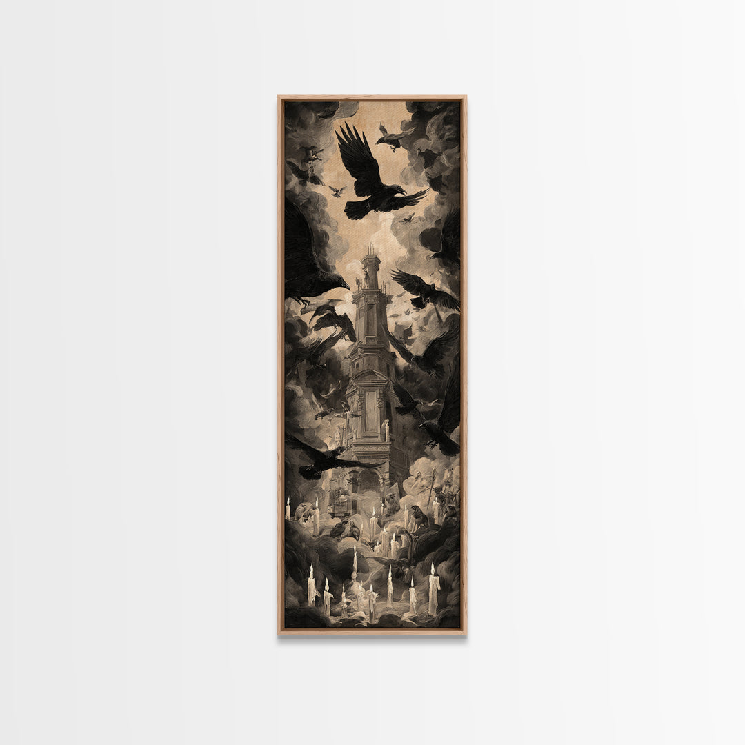 Ravens And Ruins, Gothic Nightmare Art, Tall Narrow Wall Art, Gothic Horror Wall Art, Framed Canvas Print, Halloween Wall Art