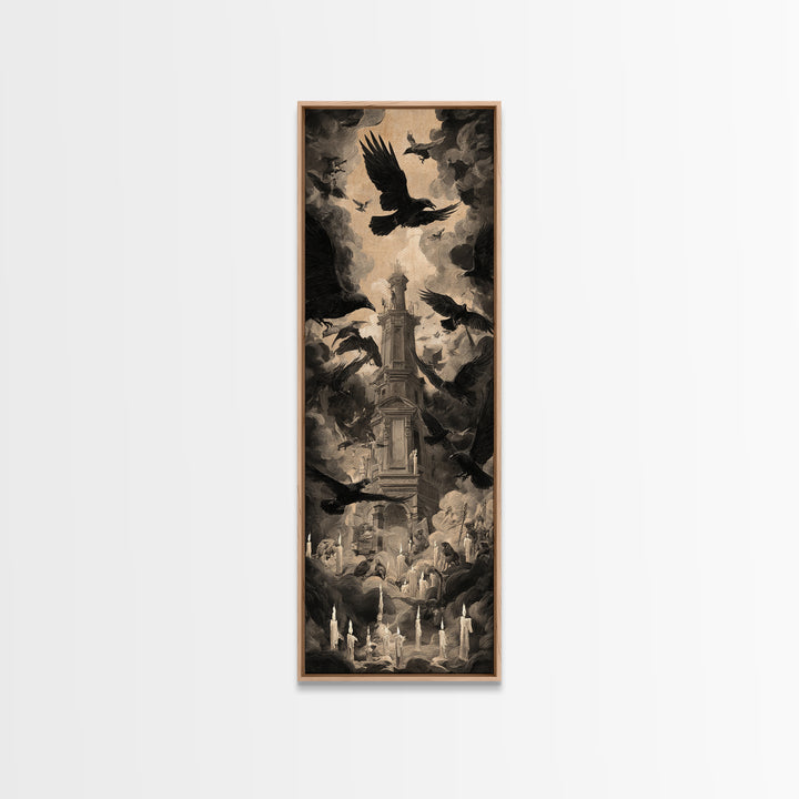 Ravens And Ruins, Gothic Nightmare Art, Tall Narrow Wall Art, Gothic Horror Wall Art, Framed Canvas Print, Halloween Wall Art