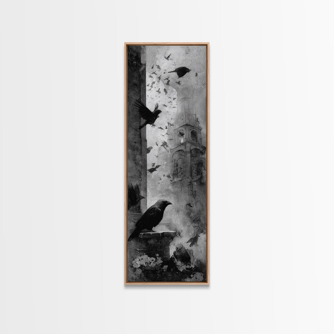 Ravens And Ruins, Symbolist Dream Art, Tall Narrow Wall Art, Dark Fantasy Wall Art, Canvas Print, Halloween Wall Art