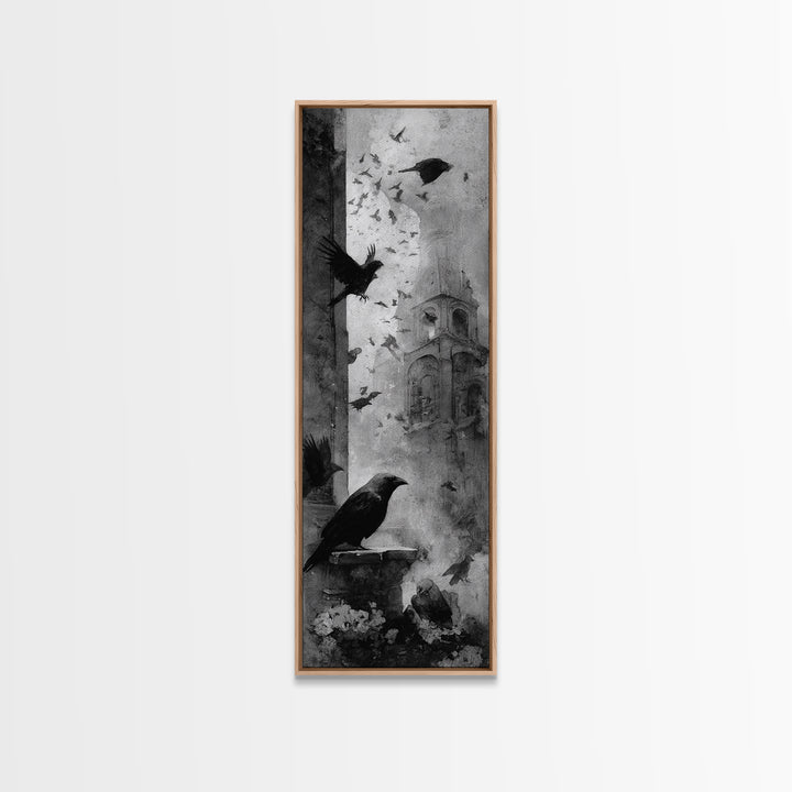 Ravens And Ruins, Symbolist Dream Art, Tall Narrow Wall Art, Dark Fantasy Wall Art, Canvas Print, Halloween Wall Art