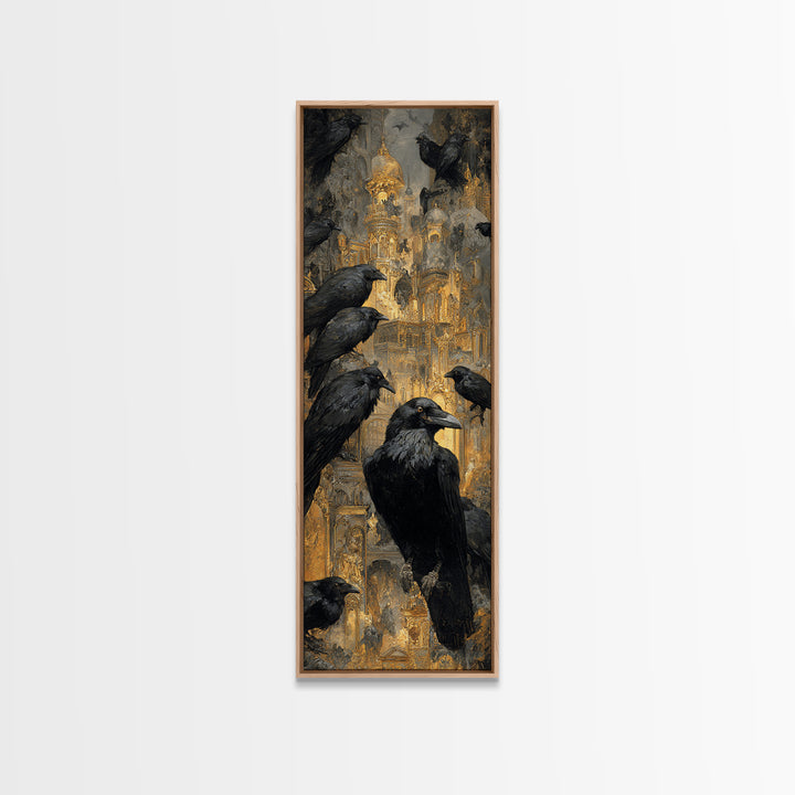 Ravens And Ruins, Ornate Symbolist Art, Tall Narrow Wall Art, Dark Fantasy Wall Art, Framed Canvas Print, Halloween Wall Art