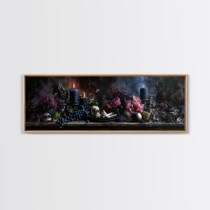 Witchy Still Life of Herbs Candles and Canvas Print, Dark Art, Textured Painting, Living Room Decor, Fine Art, Nocturne, DAR-3x1-48