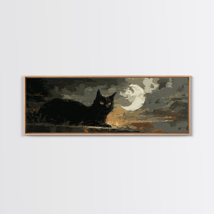 Black Cat with Glowing Eyes under Crescent Canvas Print, Dark Art, Halloween Decoration, Living Room Decor, Abstract Art, DAR-3x1-49