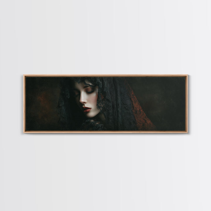 Vampire Inspired Portrait with Pale Dramatic Light Framed Canvas Print, Dark Art, Goth Decor, Living Room Decor, Nocturne, DAR-3x1-5