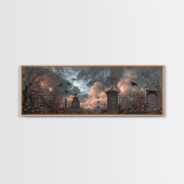 Silent Graveyard with Blue Moon Haze Framed Canvas Print, Dark Art, Gothic Wall Art, Living Room Decor, Fine Art, Nocturne, DAR-3x1-58