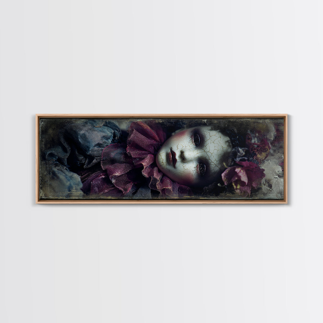 Cracked Porcelain Doll Portrait Framed Canvas Print, Dark Art, Contemporary Art, Living Room Decor, Fine Art, Nocturne, DAR-3x1-63