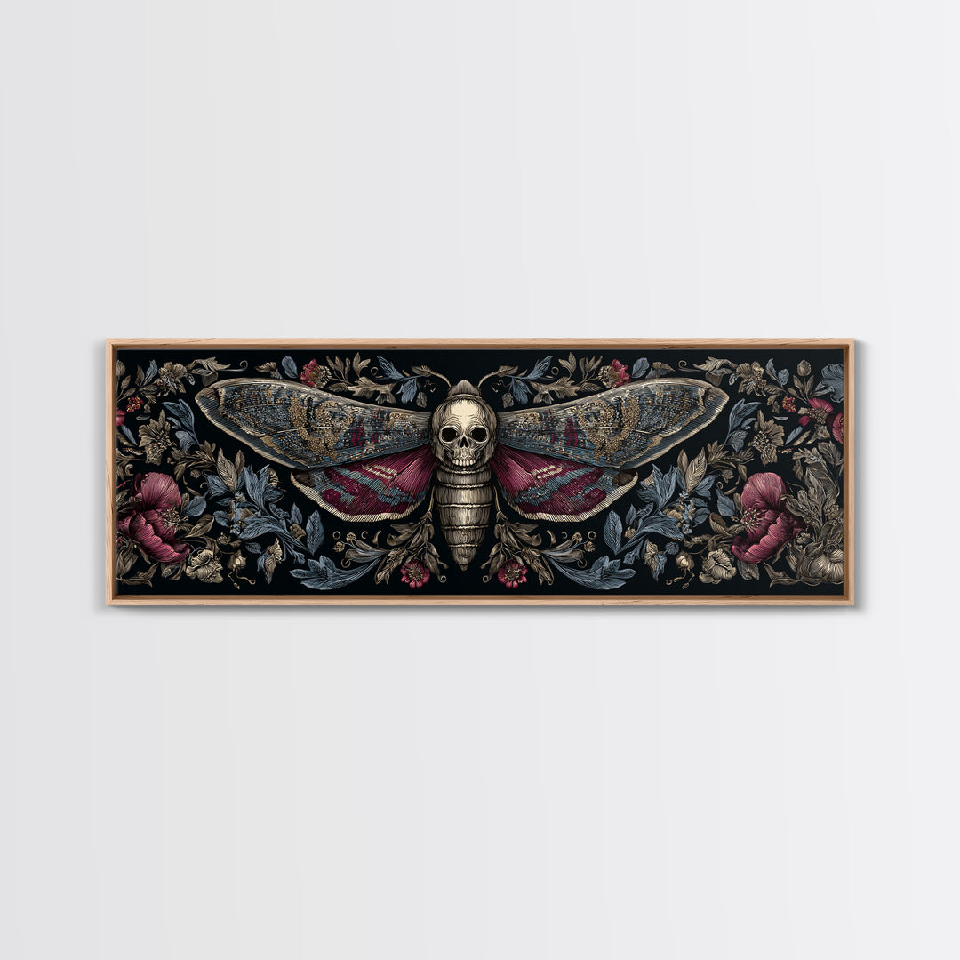 Moth with Skull Pattern on Black Ground Framed Canvas Print, Dark Art, Statement Artwork, Living Room Decor, Fine Art, Nocturne, DAR-3x1-7