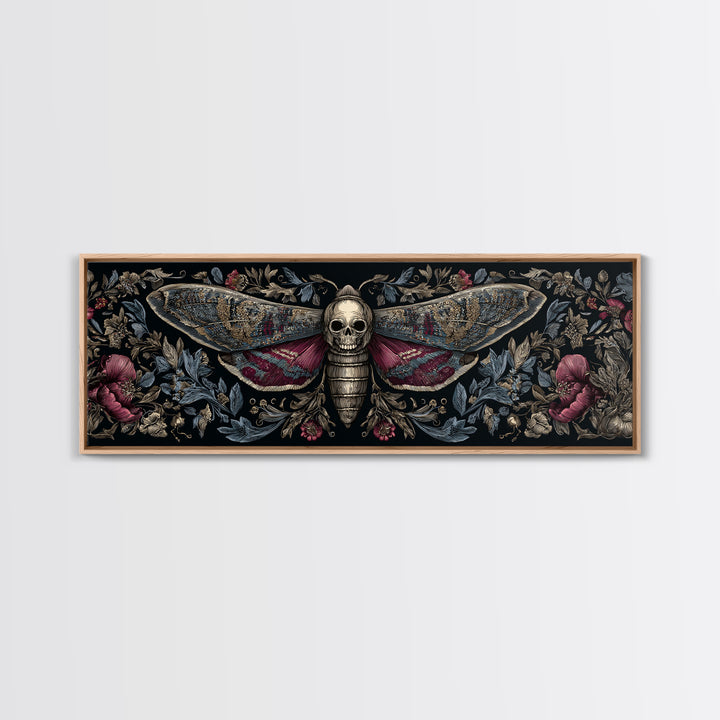 Moth with Skull Pattern on Black Ground Framed Canvas Print, Dark Art, Statement Artwork, Living Room Decor, Fine Art, Nocturne, DAR-3x1-7