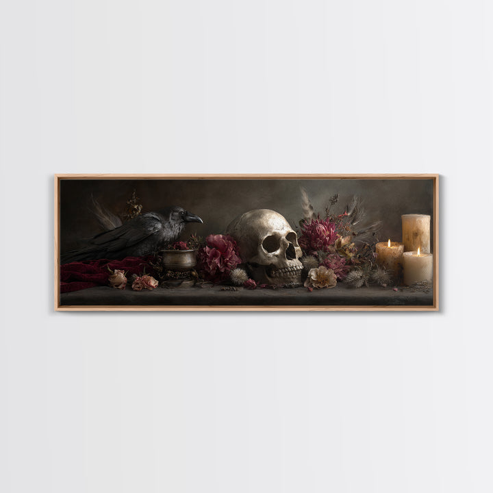 Baroque Skull and Red Velvet Vanitas Framed Canvas Print, Dark Art, Gothic Art, Living Room Decor, Oil Painting, Nocturne, DAR-3x1-74