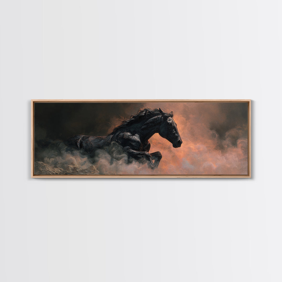 Black Horse Emerging from Smoke Canvas Print, Dark Art, Dark Academia, Living Room Decor, Fine Art, Nocturne, Horror Decor, DAR-3x1-83