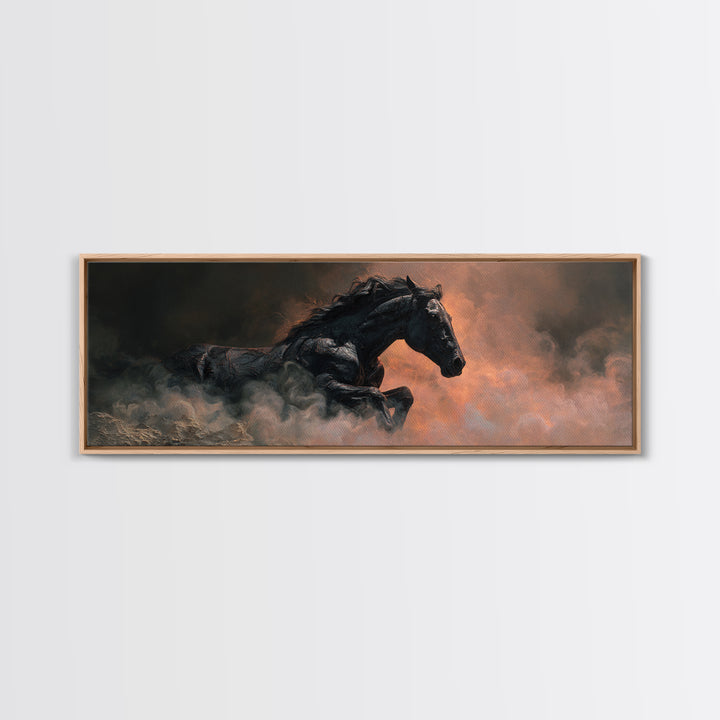Black Horse Emerging from Smoke Canvas Print, Dark Art, Dark Academia, Living Room Decor, Fine Art, Nocturne, Horror Decor, DAR-3x1-83
