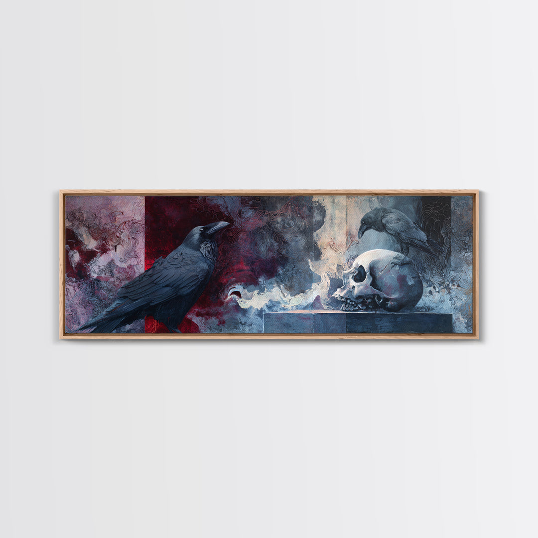 Raven Perched on a Skull Framed Canvas Print, Dark Art, Boho Decor, Living Room Decor, Oil Painting, Nocturne, Art Print, DAR-3x1-89
