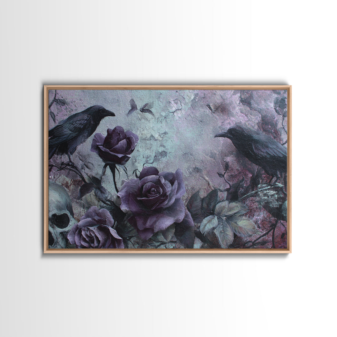 Black Roses Blooming from Cracked Stone Canvas Print, Dark Art, Horror Decor, Living Room Decor, Nocturne, Statement Artwork, DAR-3x2-30