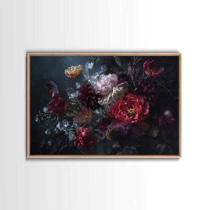 Dark Floral Bouquet Framed Canvas Print, Dark Art, Gallery Decor, Living Room Decor, Fine Art, Nocturne, Wall Art, Home Decor, DAR-3x2-45