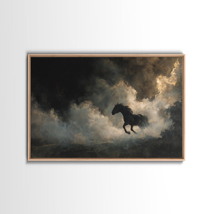 Black Horse Emerging from Smoke Framed Canvas Print, Dark Art, Living Room Decor, Oil Painting, Nocturne, Halloween Art, DAR-3x2-47
