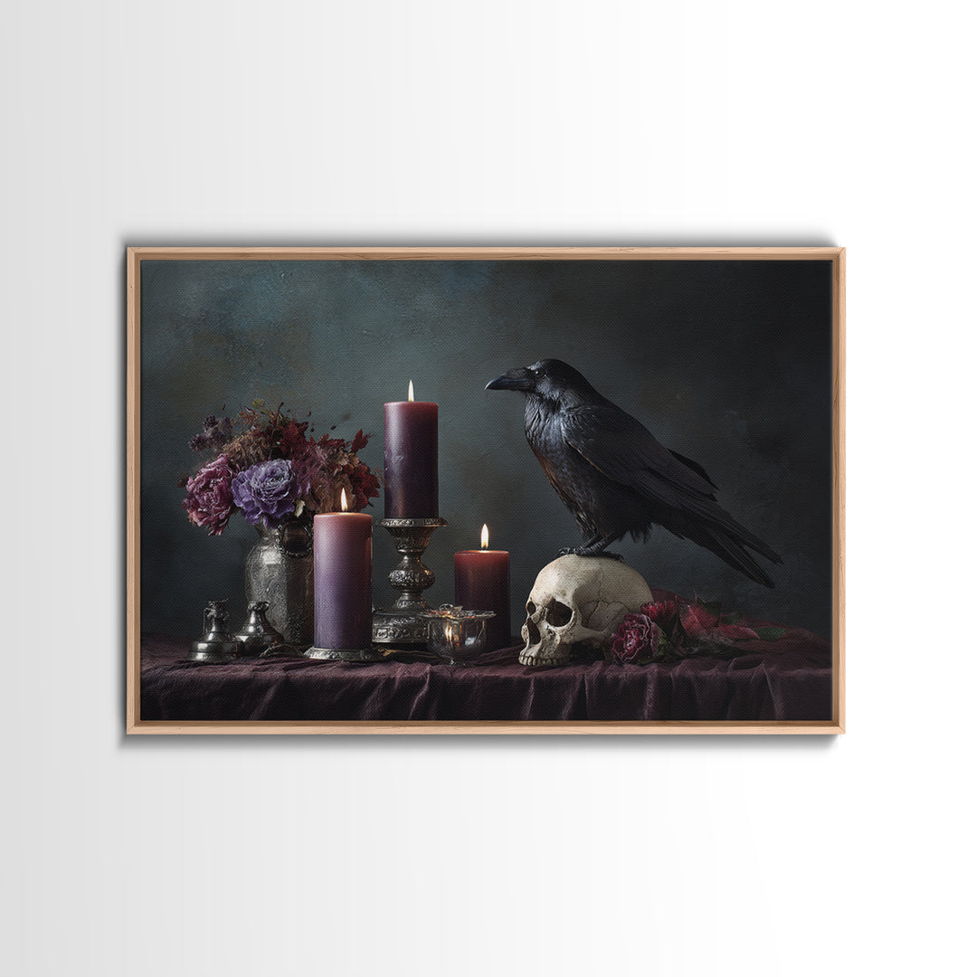 Raven Perched on a Skull Framed Canvas Print, Dark Art, Weird Art, Living Room Decor, Fine Art, Nocturne, Textured Painting, DAR-3x2-5