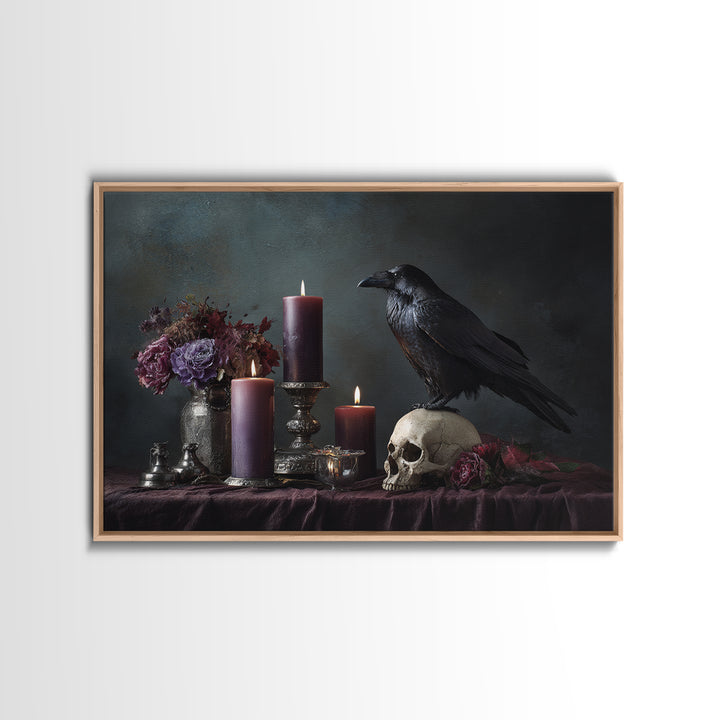 Raven Perched on a Skull Framed Canvas Print, Dark Art, Weird Art, Living Room Decor, Fine Art, Nocturne, Textured Painting, DAR-3x2-5