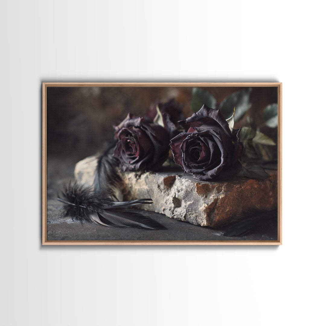 Black Roses Blooming from Cracked Stone Framed Canvas Print, Dark Art, Watercolor Painting, Living Room Decor, Nocturne, DAR-3x2-6