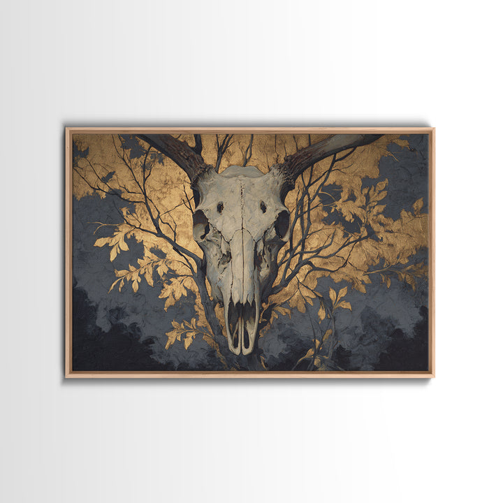 Shadowy Deer Skull Framed Canvas Print, Dark Art, Horror Decor, Living Room Decor, Oil Painting, Nocturne, Statement Artwork, DAR-3x2-63