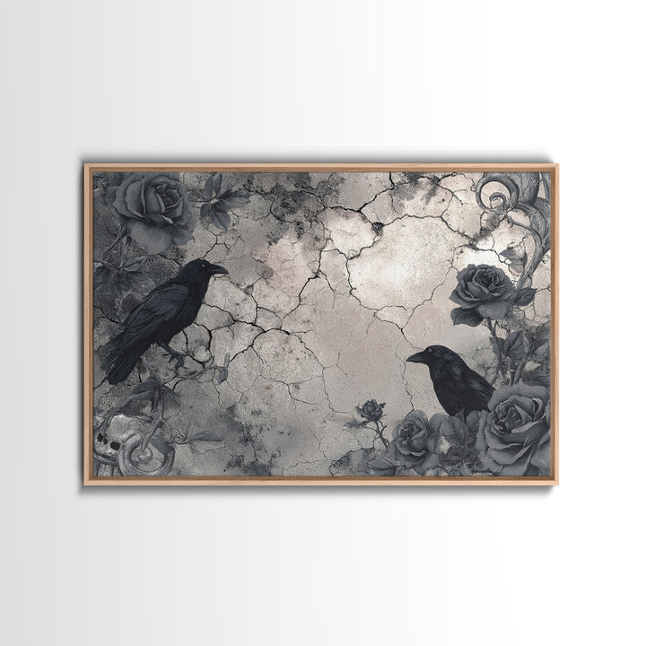 Black Roses Blooming from Cracked Stone Framed Canvas Print, Dark Art, Fantasy Art, Living Room Decor, Fine Art, Nocturne, DAR-3x2-78