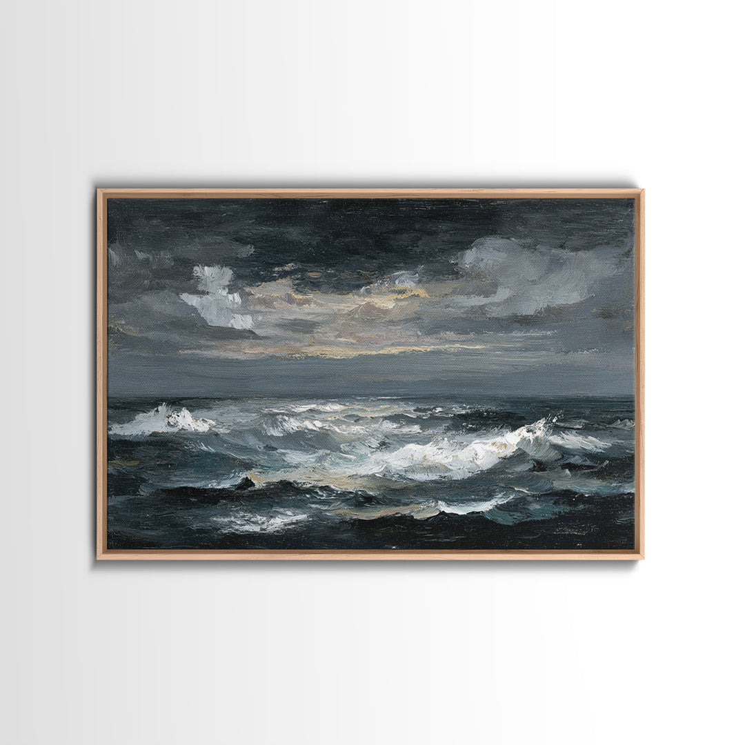 Stormy Sea under a Nearly Black Sky Framed Canvas Print, Dark Art, Fine Art Print, Living Room Decor, Fine Art, Nocturne, DAR-3x2-81