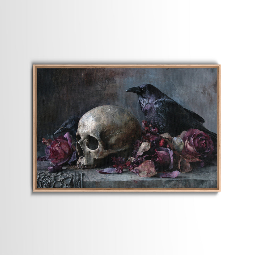 Baroque Skull and Red Velvet Vanitas Framed Canvas Print, Dark Art, Man Cave Decor, Living Room Decor, Fine Art, Nocturne, DAR-3x2-86