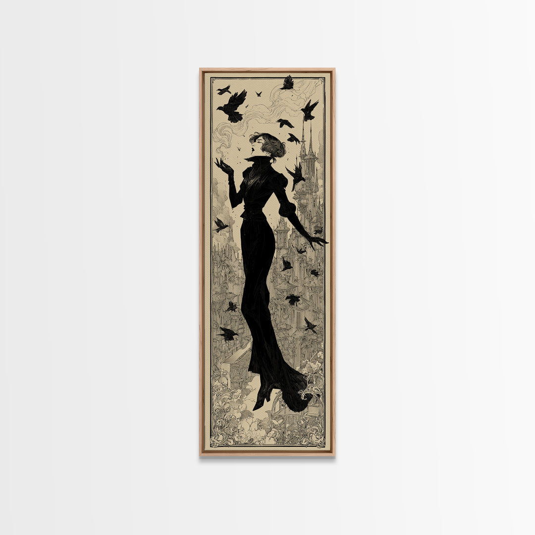 Ravens And Ruins, Decadent Line Art, Tall Narrow Wall Art, Dark Fantasy Wall Art, Framed Canvas Print, Halloween Wall Art