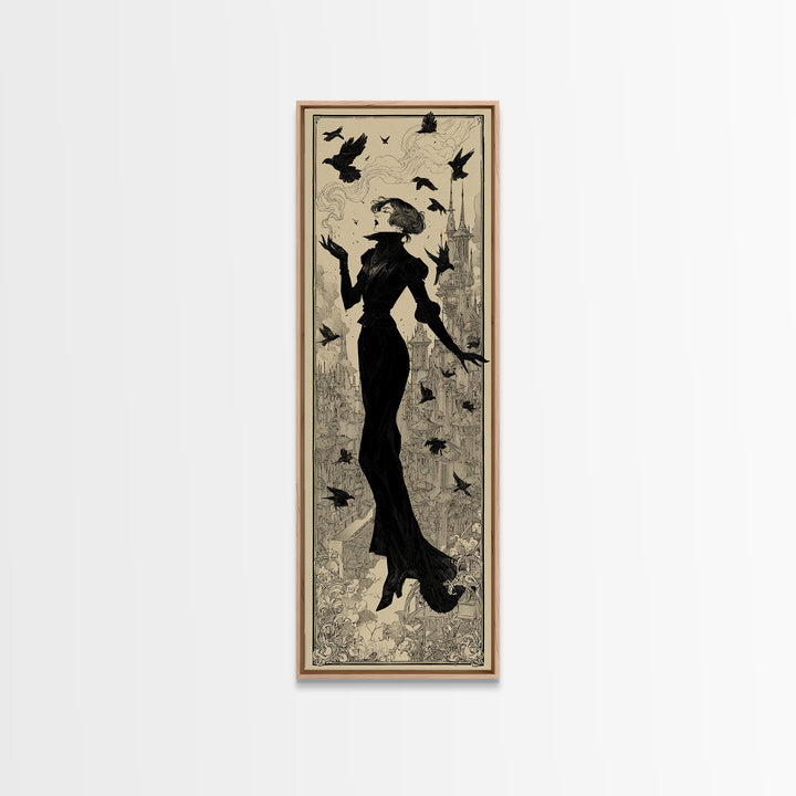 Ravens And Ruins, Decadent Line Art, Tall Narrow Wall Art, Dark Fantasy Wall Art, Framed Canvas Print, Halloween Wall Art