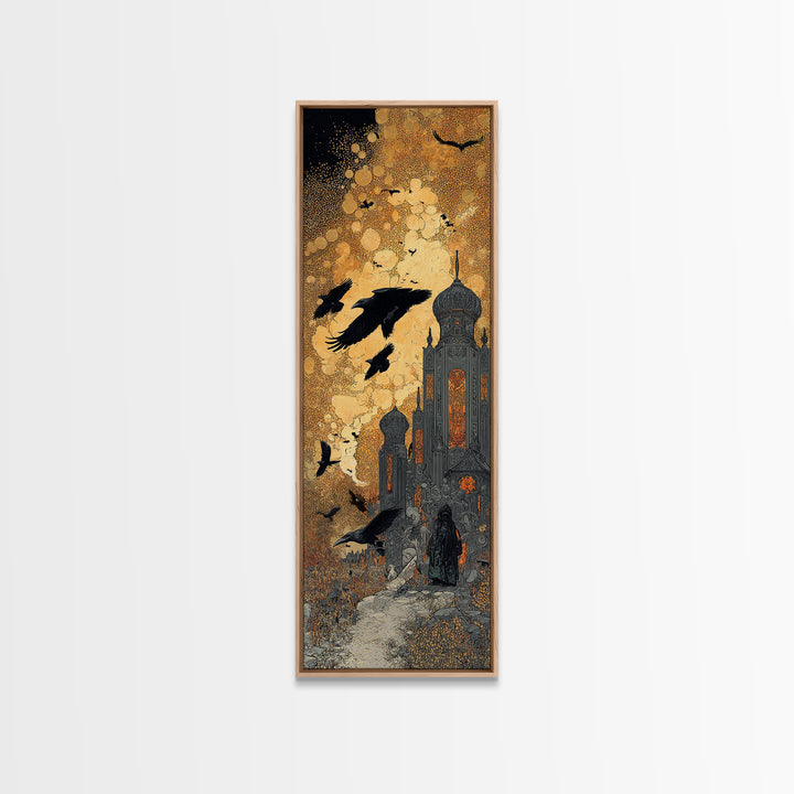 Ravens And Ruins, Stained Glass Gothic Art, Tall Narrow Wall Art, Dark Fantasy Wall Art, Canvas Print, Halloween Wall Art
