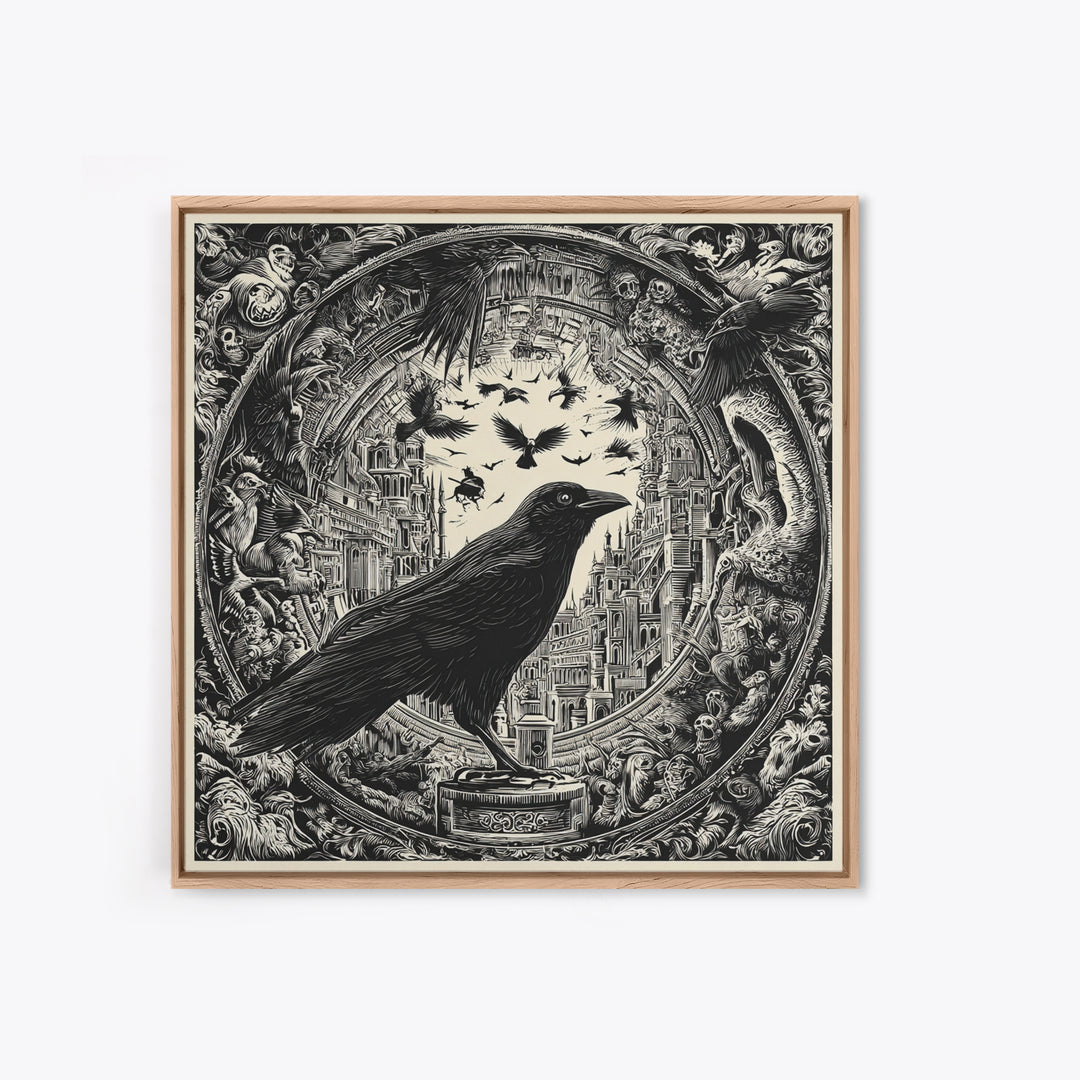 Ravens And Ruins, Macabre Folk Print Art, Square Wall Art, Dark Fantasy Wall Art, Canvas Print, Halloween Wall Art