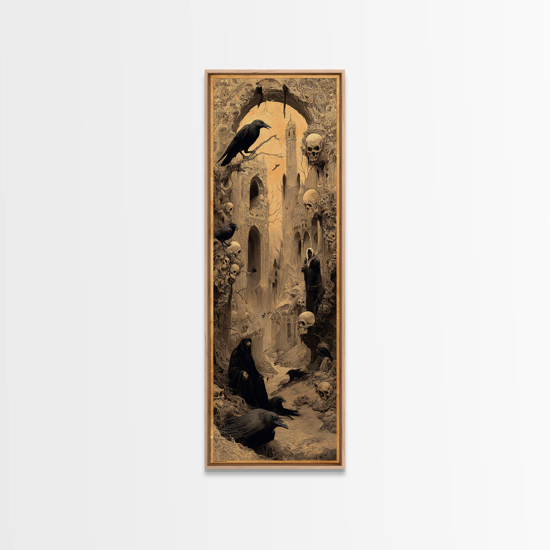 Ravens And Ruins, Surreal Apocalyptic Art, Tall Narrow Wall Art, Dark Halloween Decor, Canvas Print, Halloween Wall Art