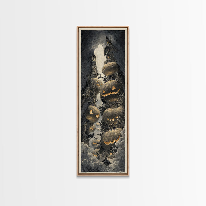 Pumpkins And Moon Phases, Gothic Engraving Art, Tall Narrow Wall Art, Macabre Wall Art, Canvas Print, Halloween Wall Art