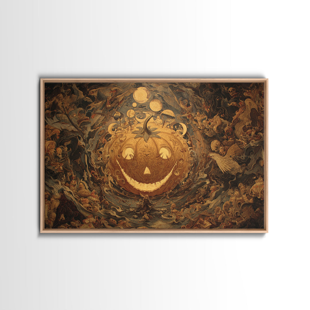 Pumpkins And Moon Phases, Medieval Grotesque Art, Landscape Wall Art, Macabre Wall Art, Framed Canvas Print, Halloween Wall Art