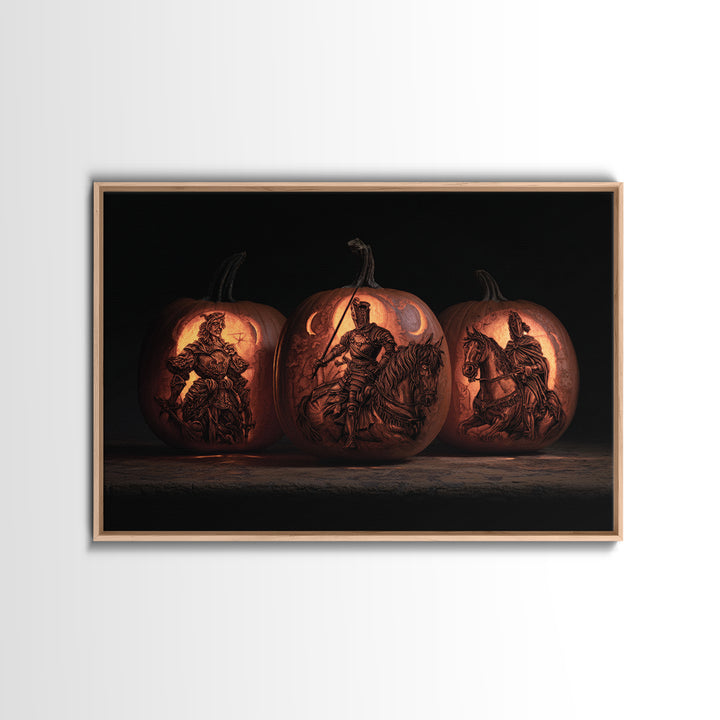 Pumpkins And Moon Phases, Renaissance Engraving Art, Landscape Wall Art, Macabre Wall Art, Framed Canvas Print, Halloween Wall Art