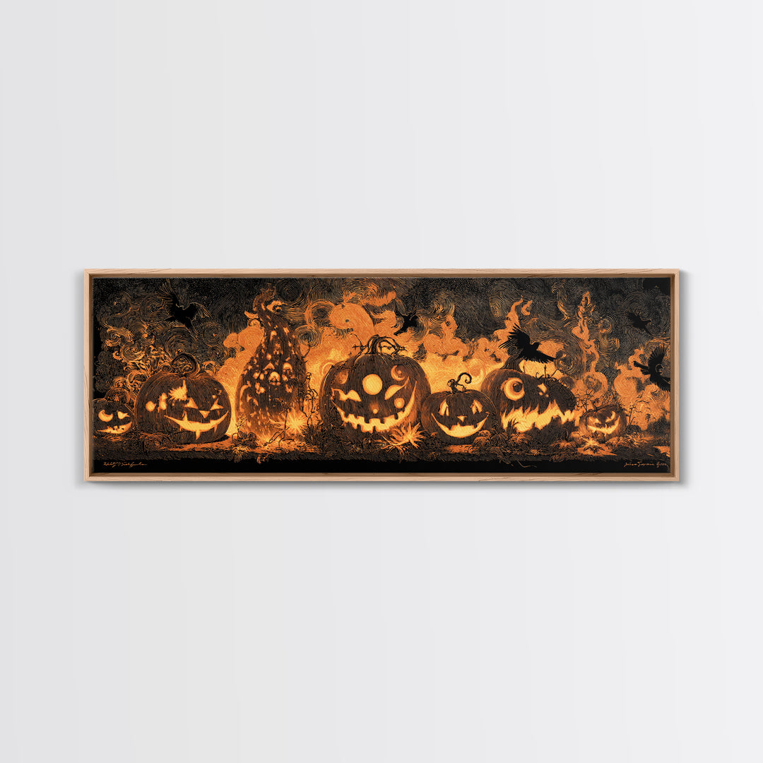 Pumpkins And Moon Phases, Dark Romantic Horror Art, Extra Wide Wall Art, Dark Halloween Decor, Canvas Print, Halloween Wall Art