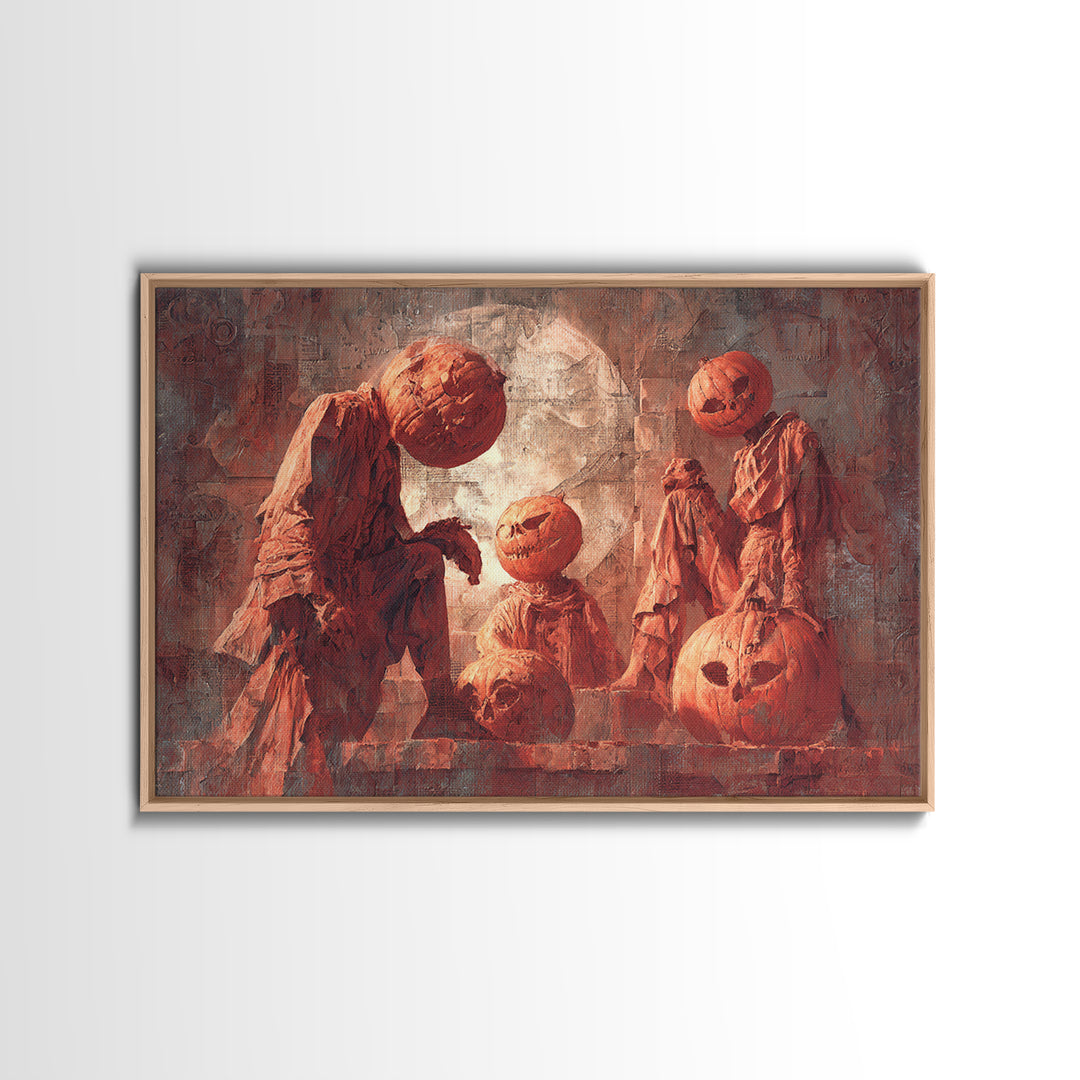 Pumpkins And Moon Phases, Architectural Etching Art, Landscape Wall Art, Gothic Horror Wall Art, Framed Canvas Print