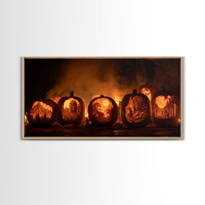 Pumpkins And Moon Phases, Apocalyptic Romantic Art, Wide Panoramic Art, Gothic Horror Wall Art, Framed Canvas Print, Halloween Wall Art