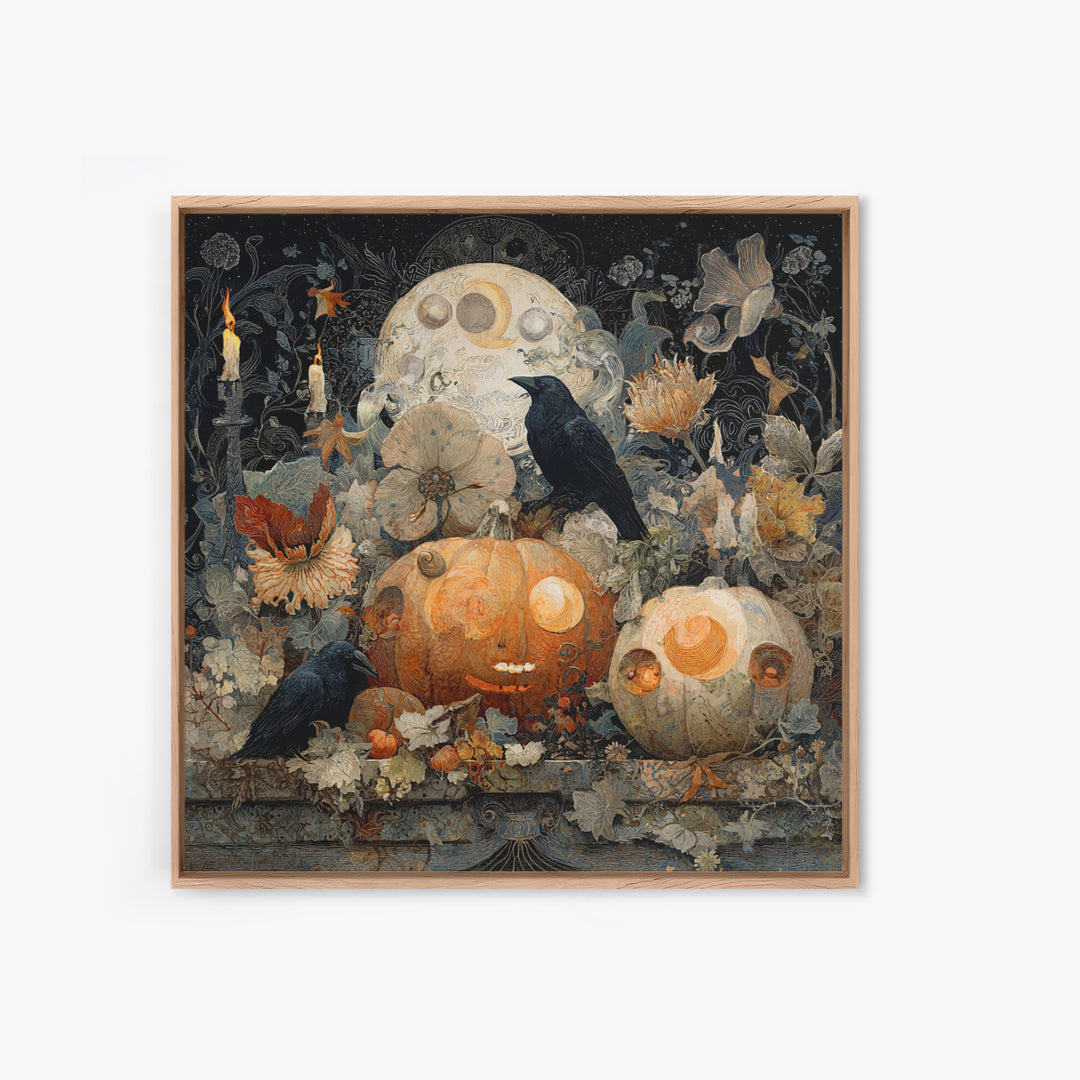 Pumpkins And Moon Phases, Symbolist Dream Art, Square Wall Art, Dark Halloween Decor, Framed Canvas Print, Halloween Wall Art