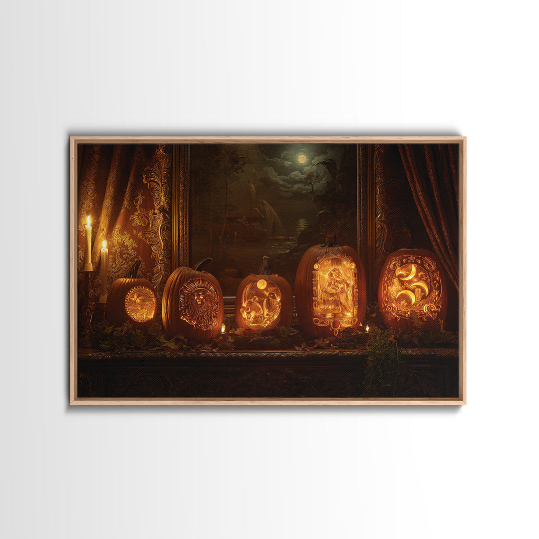 Pumpkins And Moon Phases, Ornate Symbolist Art, Landscape Wall Art, Gothic Horror Wall Art, Canvas Print, Halloween Wall Art