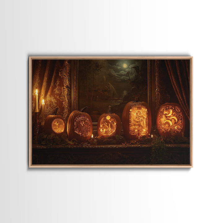 Pumpkins And Moon Phases, Ornate Symbolist Art, Landscape Wall Art, Gothic Horror Wall Art, Canvas Print, Halloween Wall Art