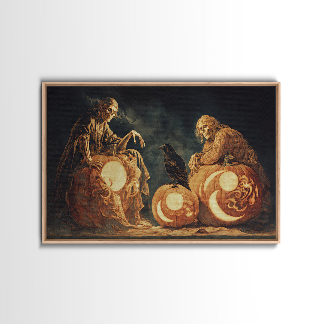 Pumpkins And Moon Phases, Decadent Gothic Art, Landscape Wall Art, Dark Fantasy Wall Art, Canvas Print, Halloween Wall Art