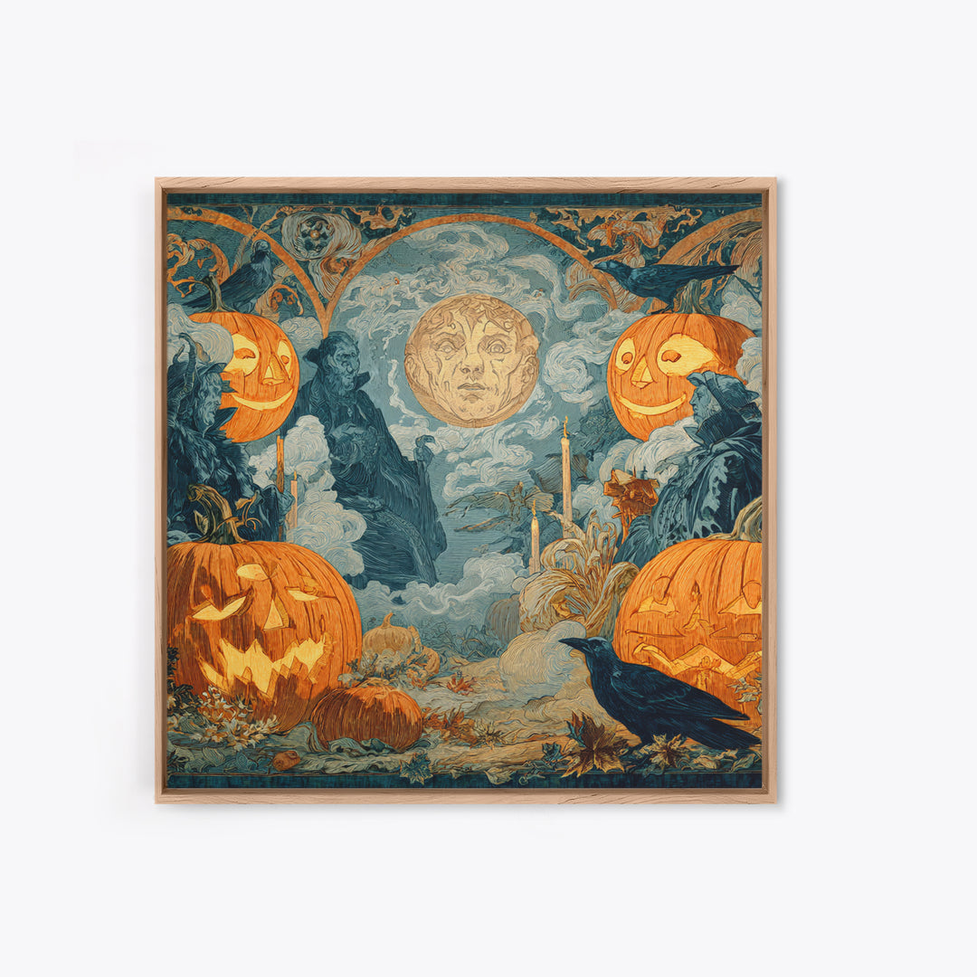 Pumpkins And Moon Phases, Symbolist Etching Art, Square Wall Art, Dark Fantasy Wall Art, Canvas Print, Halloween Wall Art
