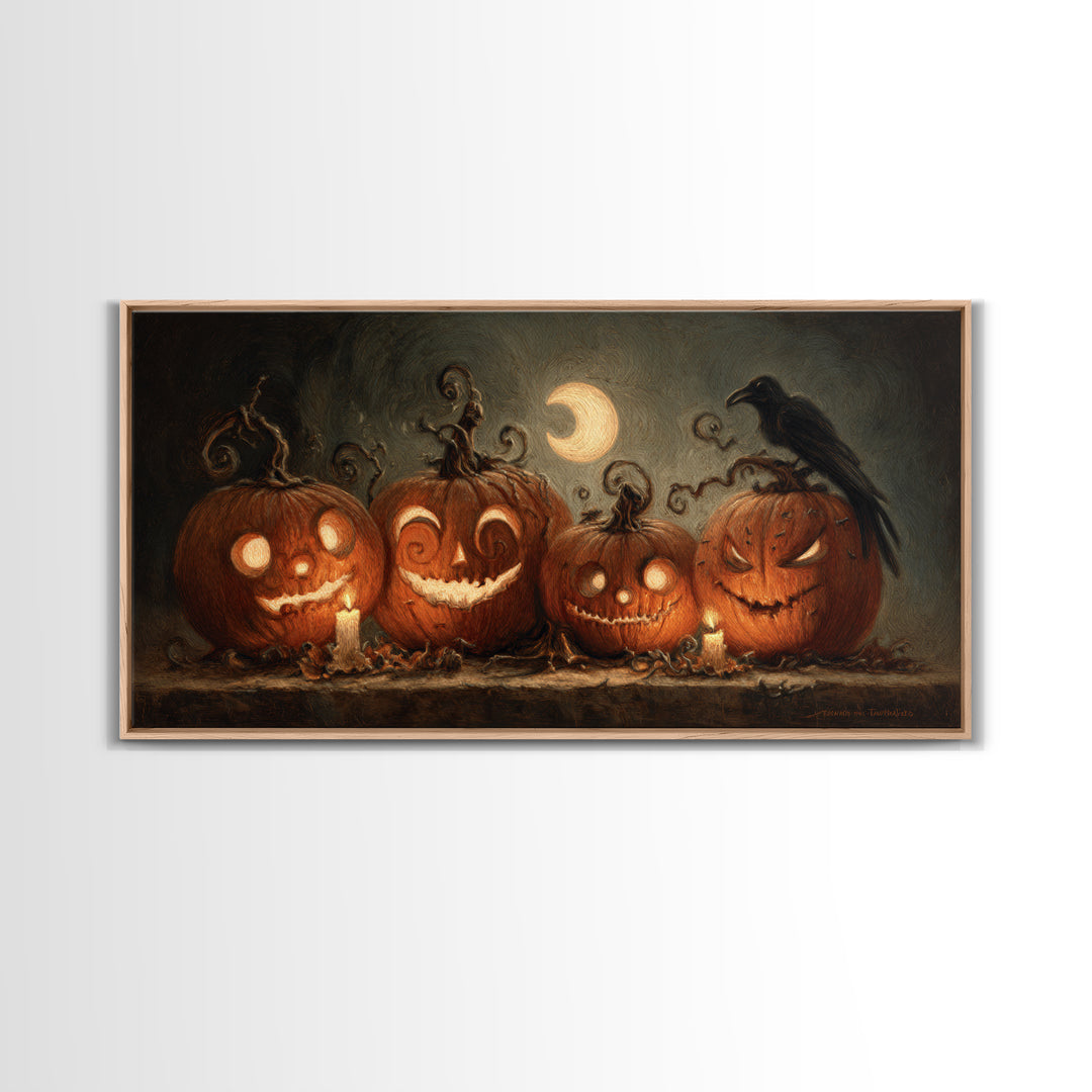Pumpkins And Moon Phases, Expressionist Nightmare Art, Wide Panoramic Art, Dark Fantasy Wall Art, Framed Canvas Print, Halloween Wall Art